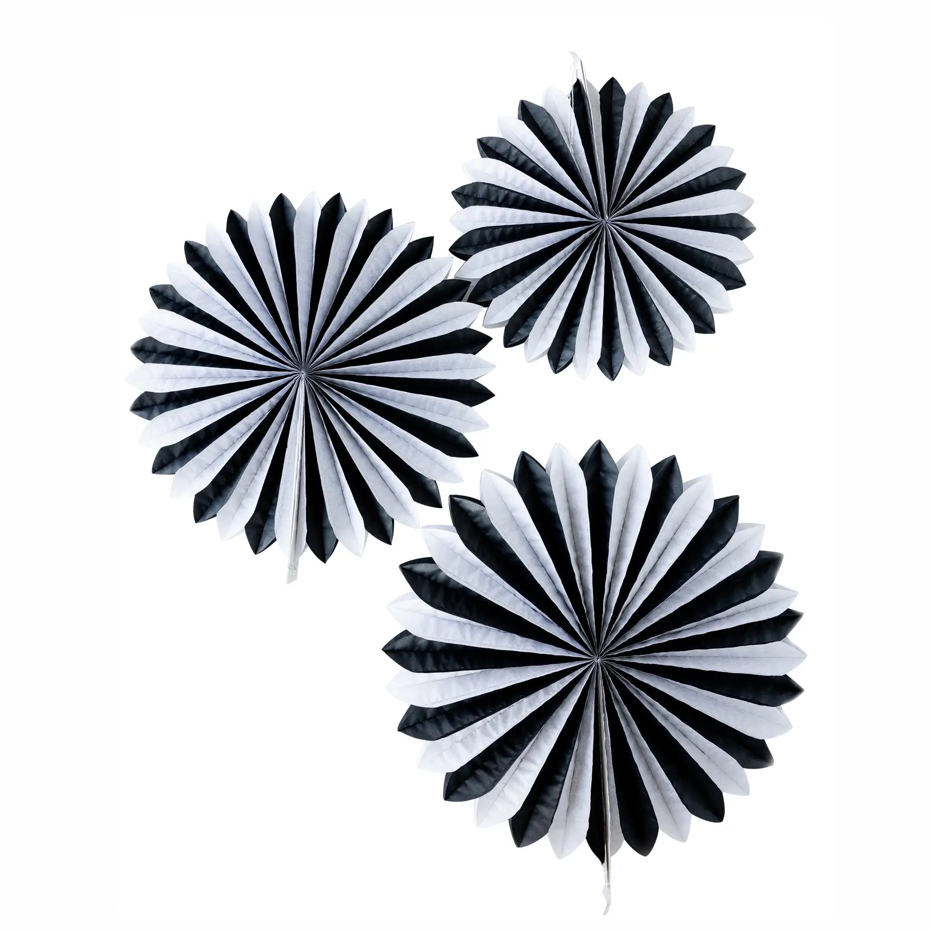 3 assorted size black and white tissue fans on white background