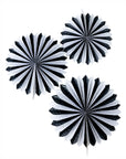 3 assorted size black and white tissue fans on white background