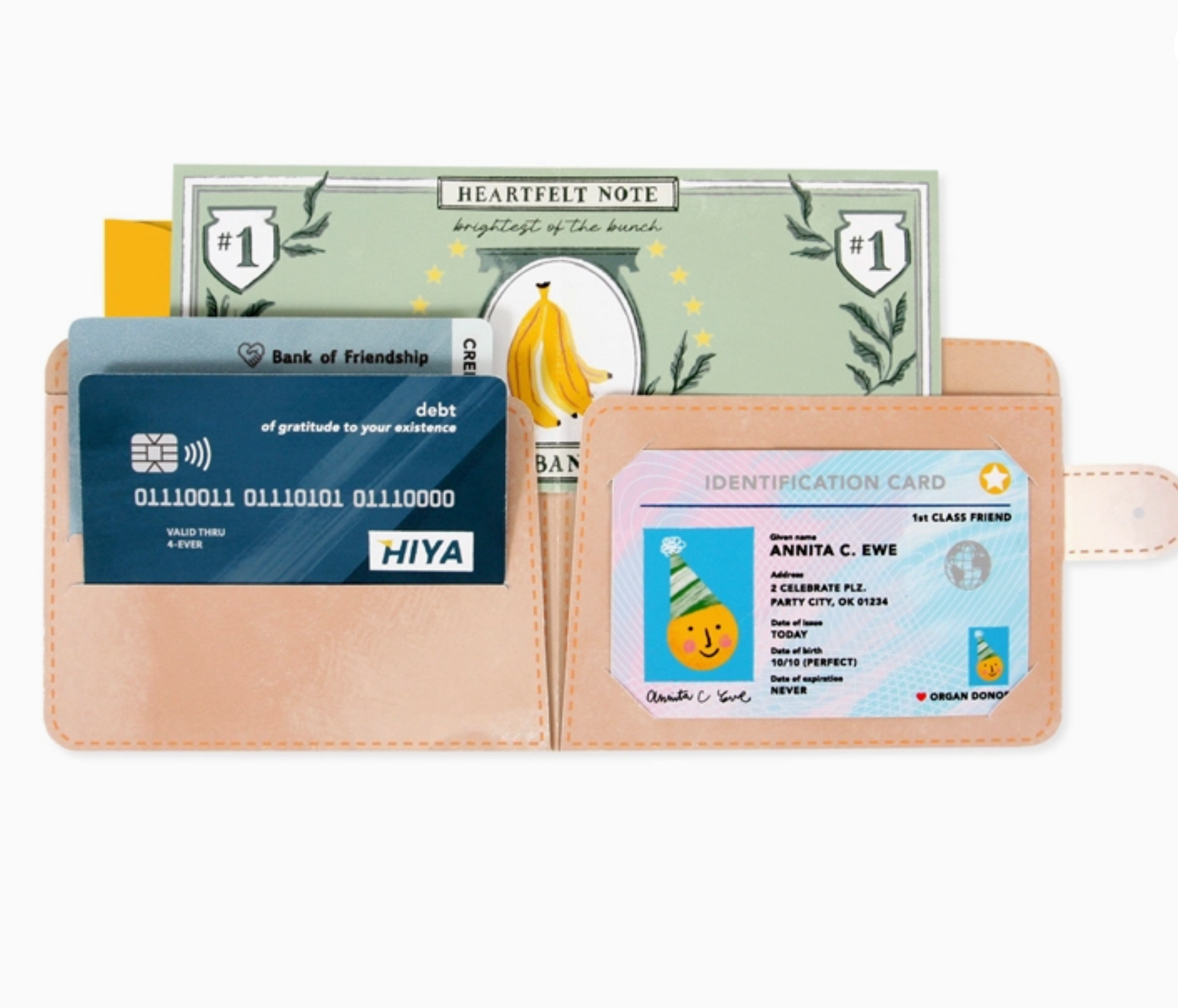 a paper wallet with money themed note, fake credit card and ID