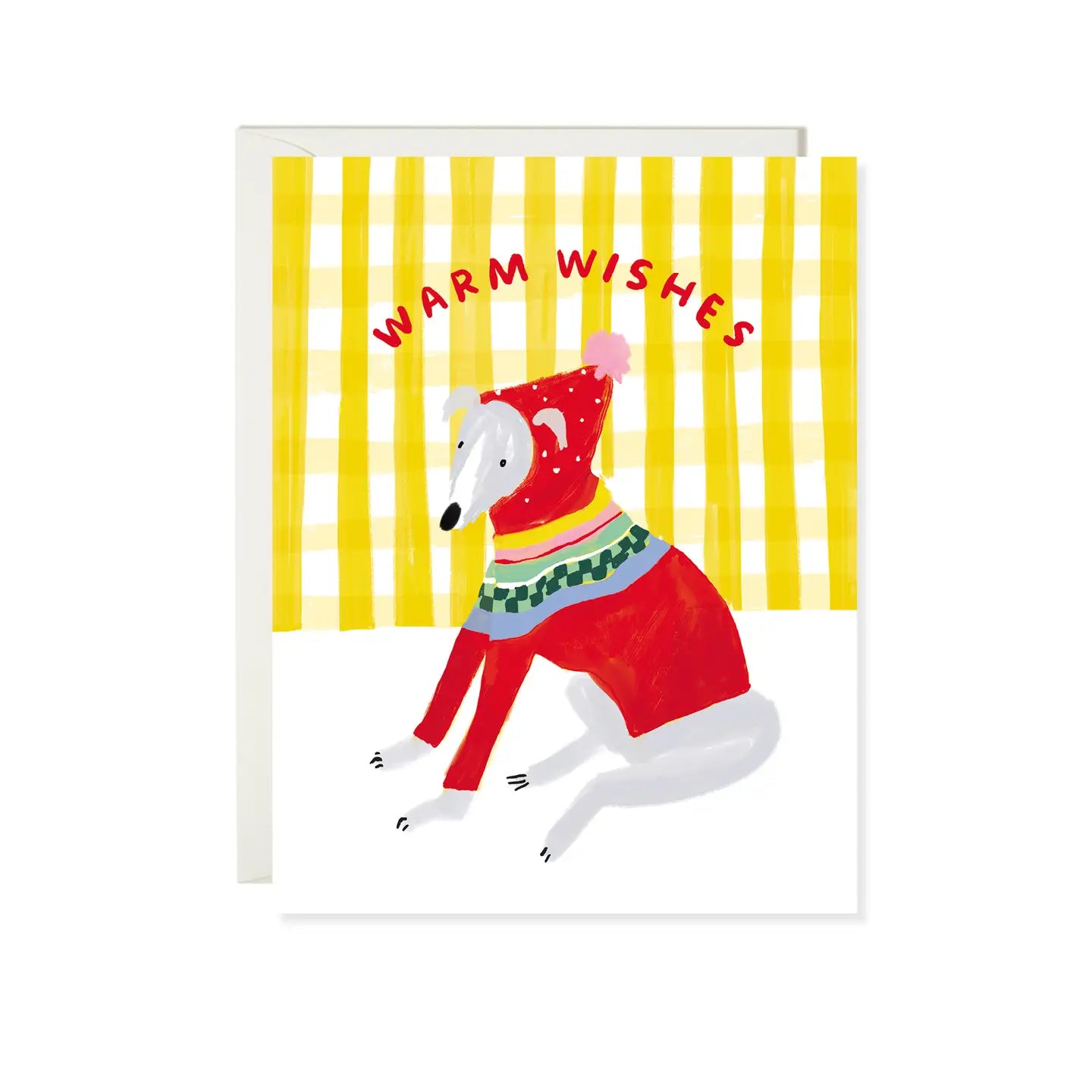 A folded greeting card featuring an illustration of a whippet dog with a colorful sweater, placed against a striped yellow and white background, with the text 'Warm Whippet Wishes' on the front.