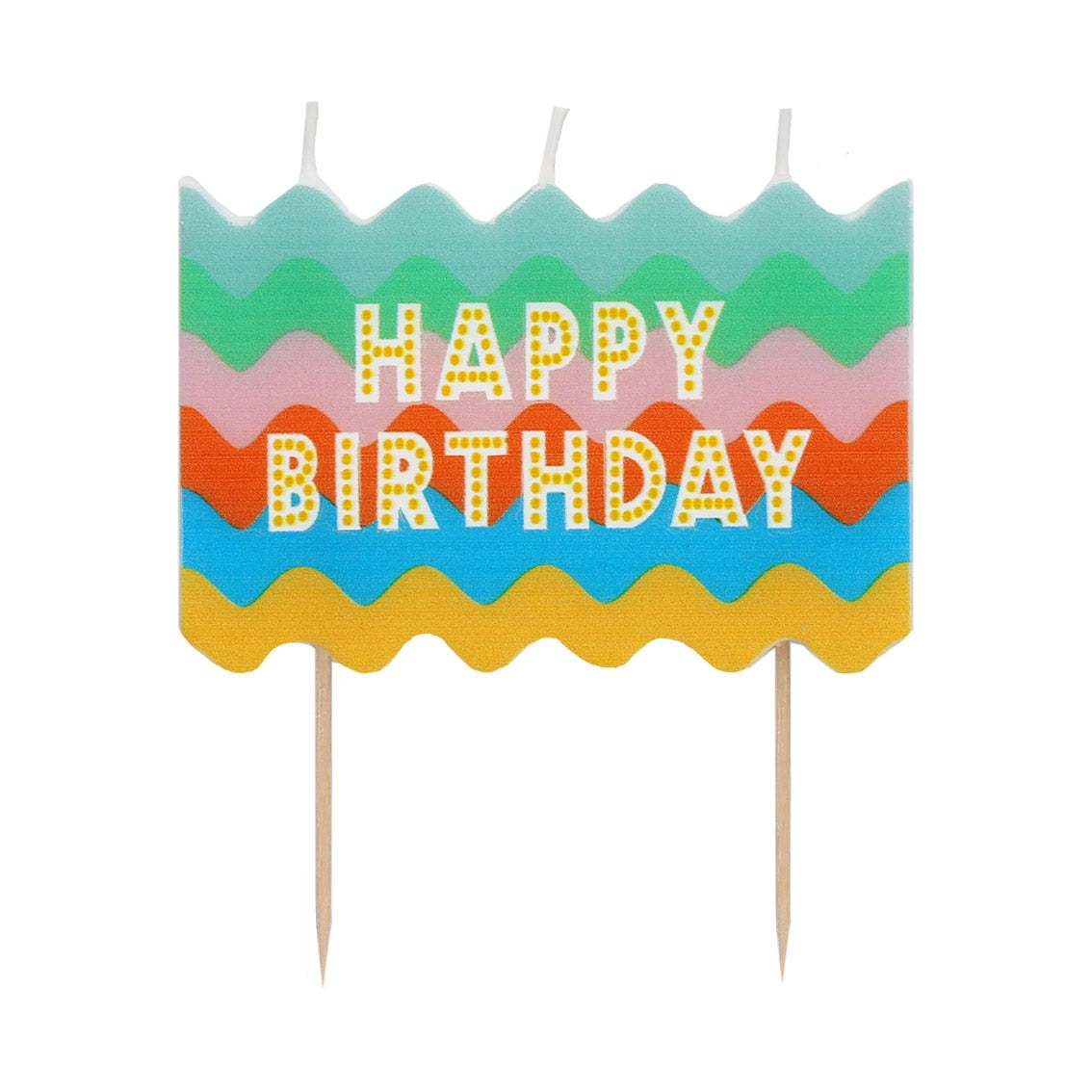 Colorful 'Happy Birthday' wavy block candle on a white background