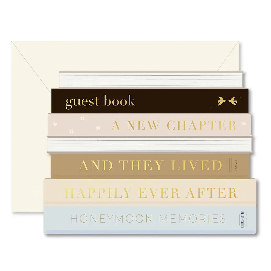 Stack of books with gold text as a wedding card on a white background