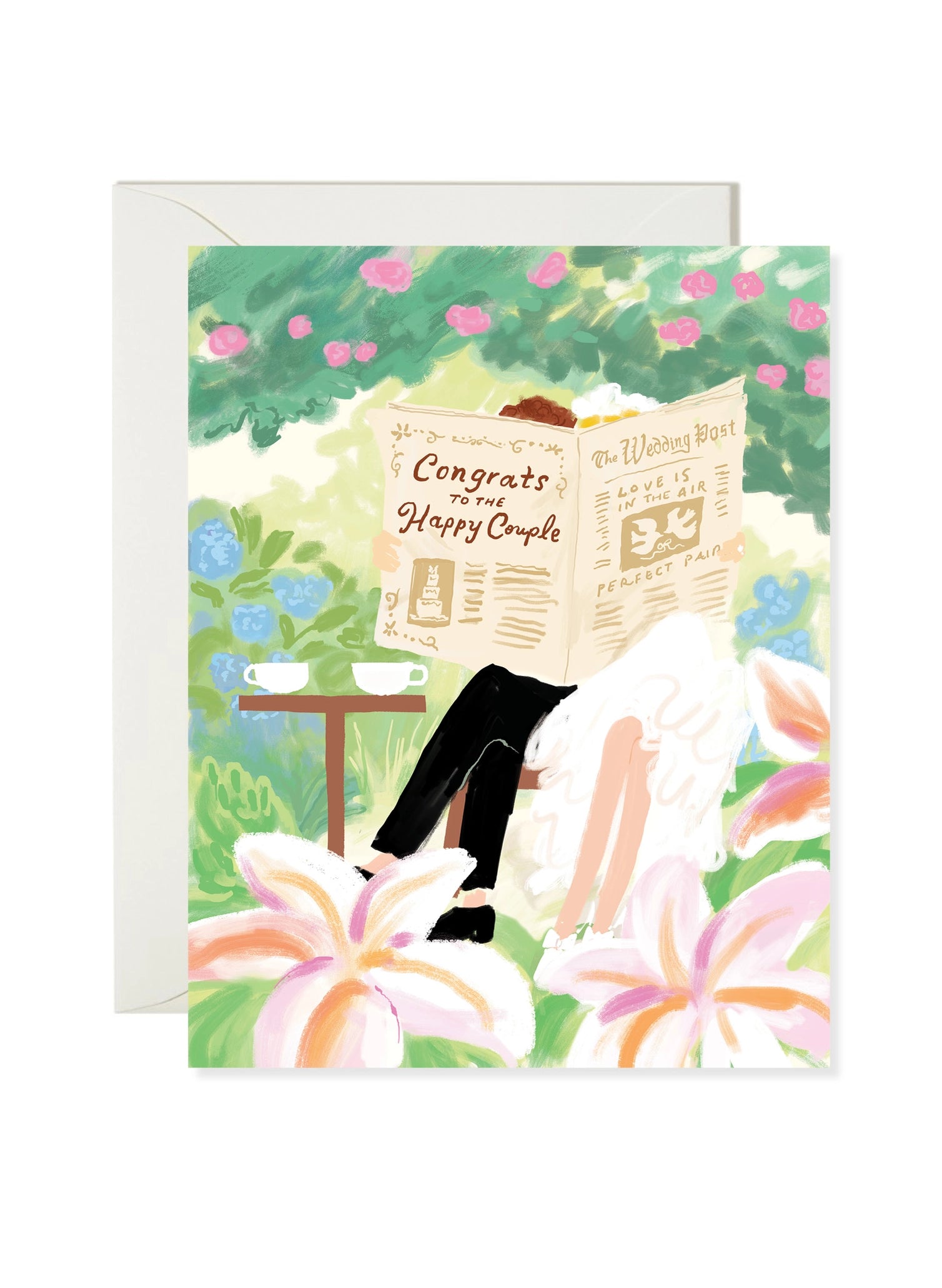 Greeting card with a wedding couple reading a newspaper in a garden setting