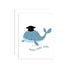 A greeting card with an illustration of a whale wearing a graduation cap with the text 'Whale done, Grad!' and a blank interior.