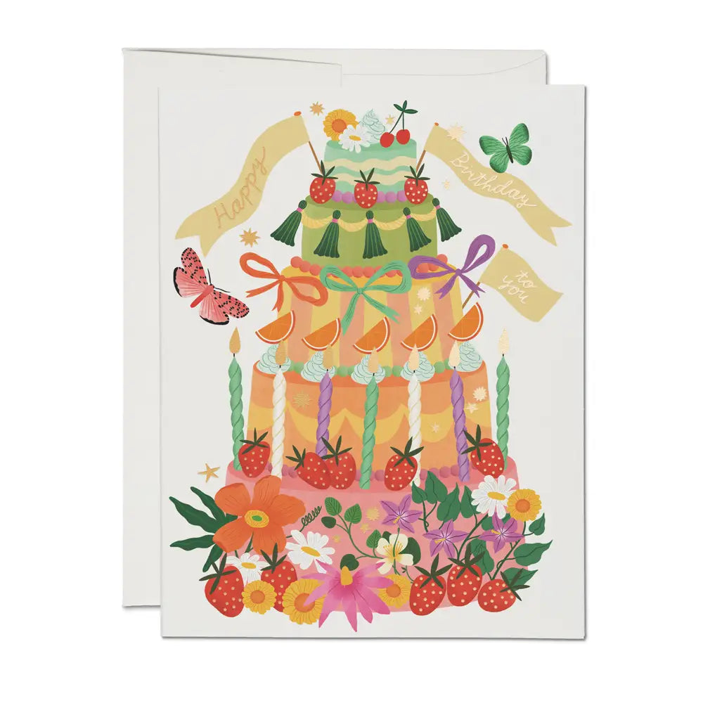 A birthday card with a whimsical themed tiered birthday cake fileld with fruits and flowers