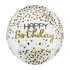 A white spherical balloon with black, silver, and gold printed text 'HAPPY BIRTHDAY'