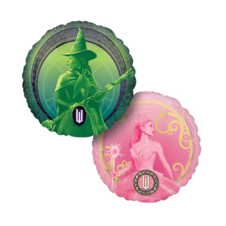 Double sided balloon of Wicked movie characters, Elphaba in green, and Glinda in pink