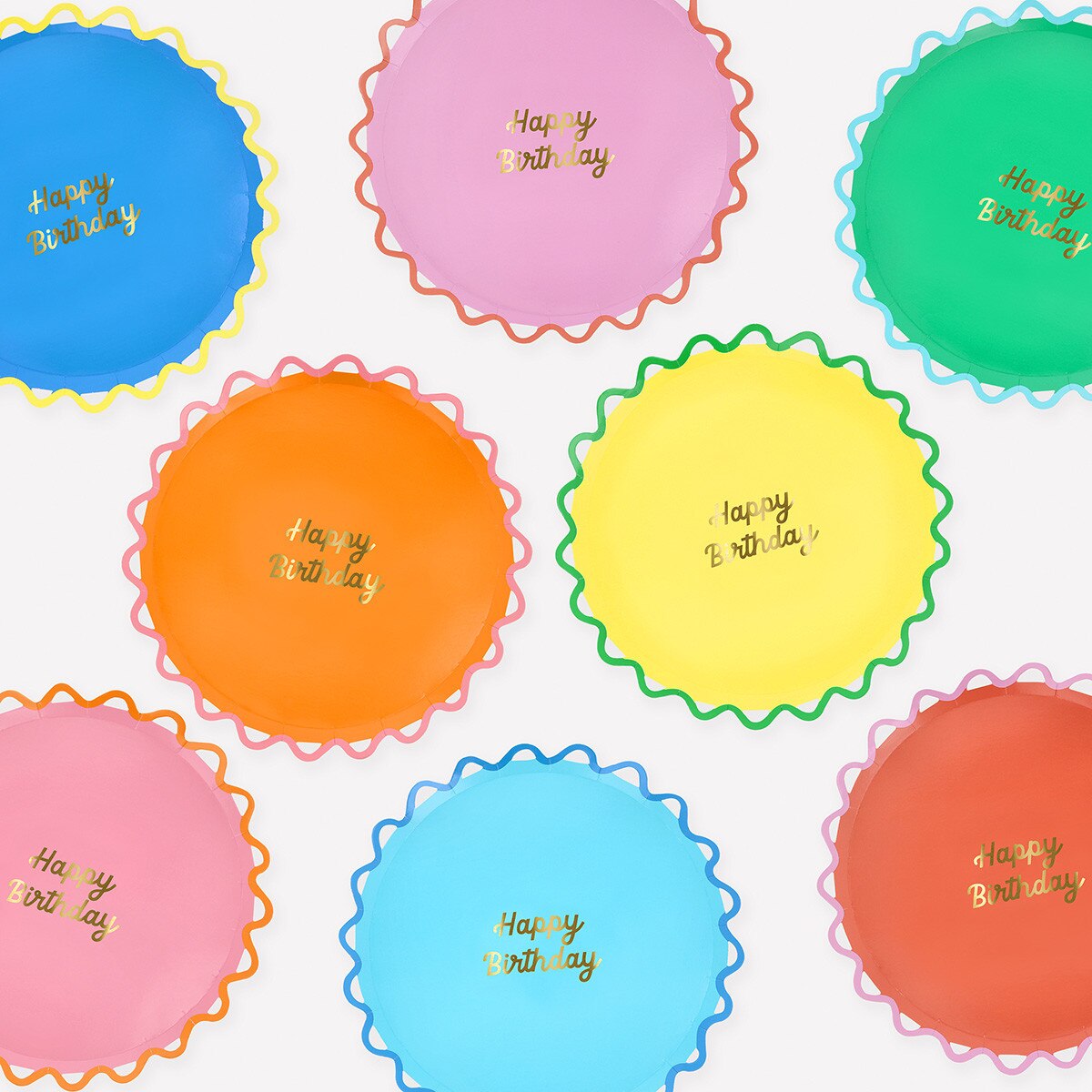 Multicolor 'Happy Birthday' plates with ricrac edge on a white background