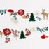 A festive winter woodland garland featuring a variety of tissue paper flowers, mushrooms, woodland animals, and pine trees in red, green, white, and gold colors with metallic thread centers.