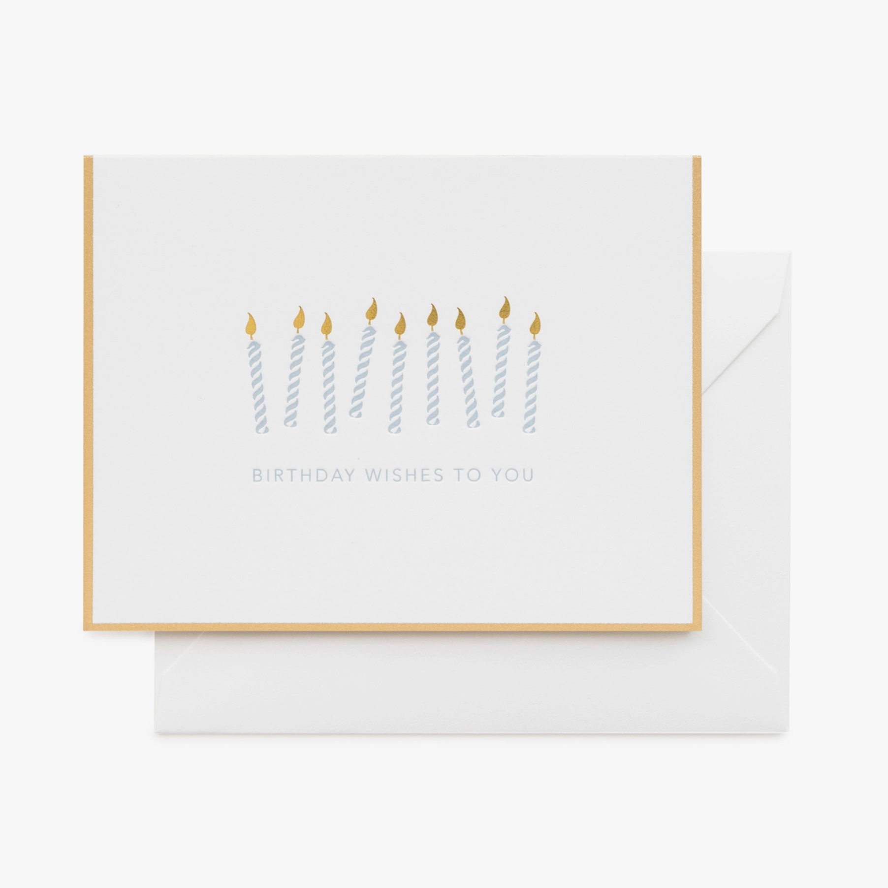 A folded birthday card with gold foil details, featuring a line of birthday candles and the text 'Birthday Wishes to You'.