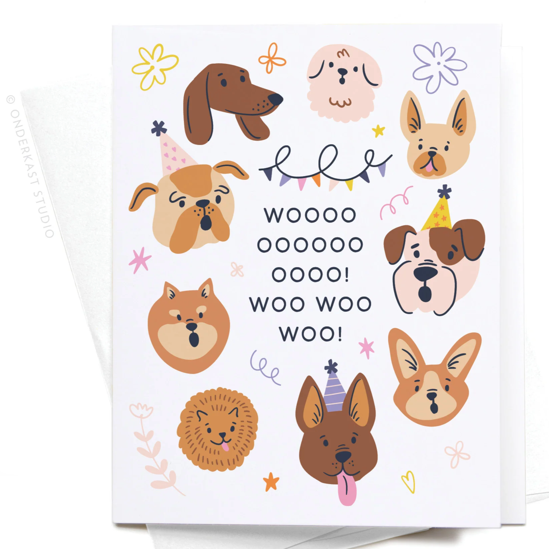 Greeting card with a colorful illustration of various dogs celebrating with a 'WOOF! WOOF!' text, accompanied by a matching square envelope.