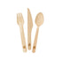 A set of wooden cutlery consisting of a knife, fork, and spoon, with a palm leaf design on the handle of each piece.