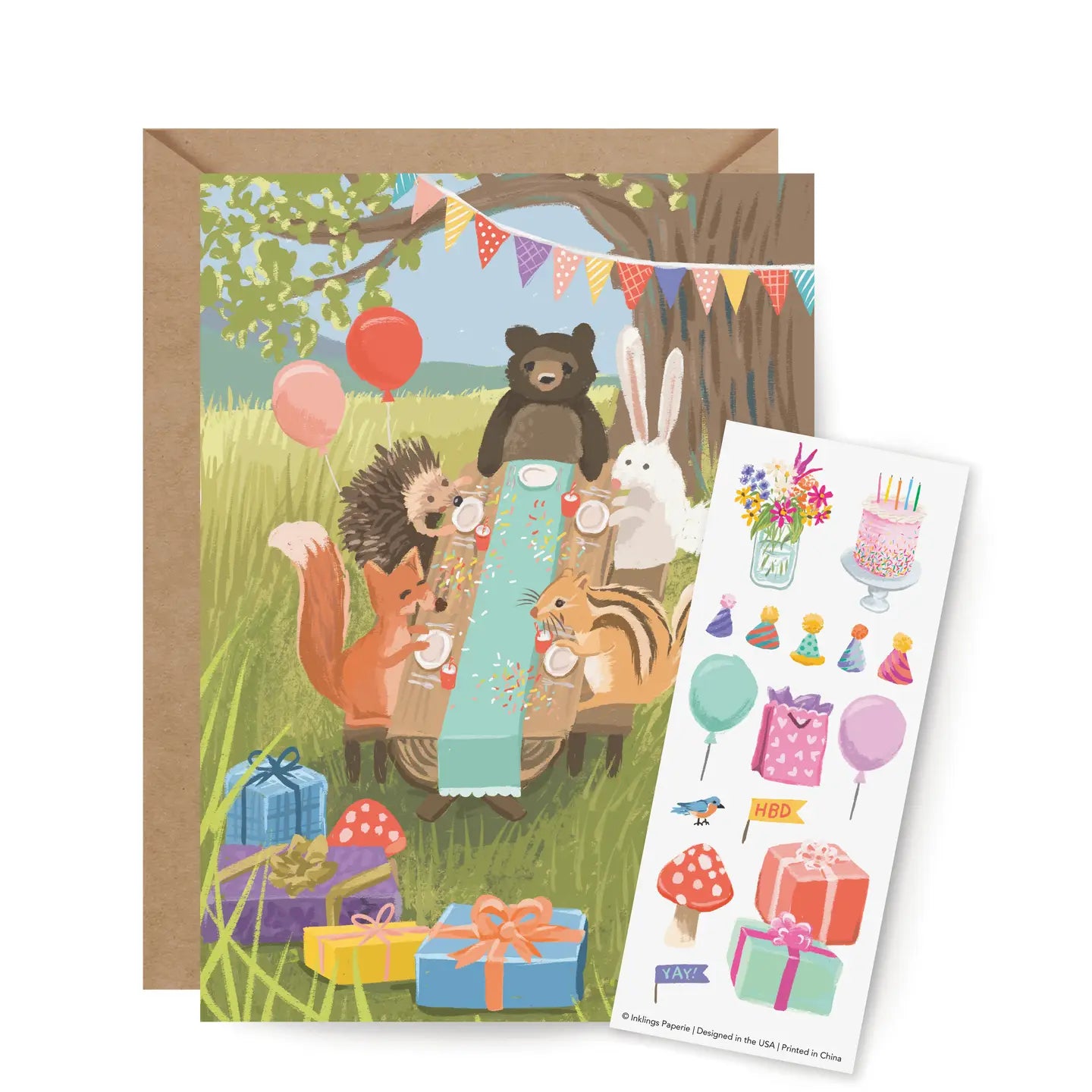 Greeting card with animal illustrations and a set of matching stickers on a white background.