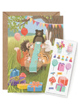 Greeting card with animal illustrations and a set of matching stickers on a white background.