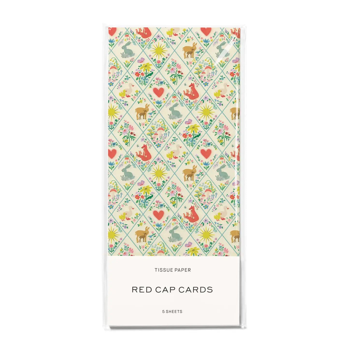 package of tissue paper featuring woodland creatures, flowers, hearts, and sunbursts