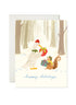 Holiday card with a goose and squirrel in a forest, holding Christmas presents, with 'happy holidays' text.