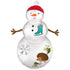 A helium-filled balloon depicting a smiling snowman with a red hat and a blue boot, surrounded by snowflakes and a green Christmas tree.