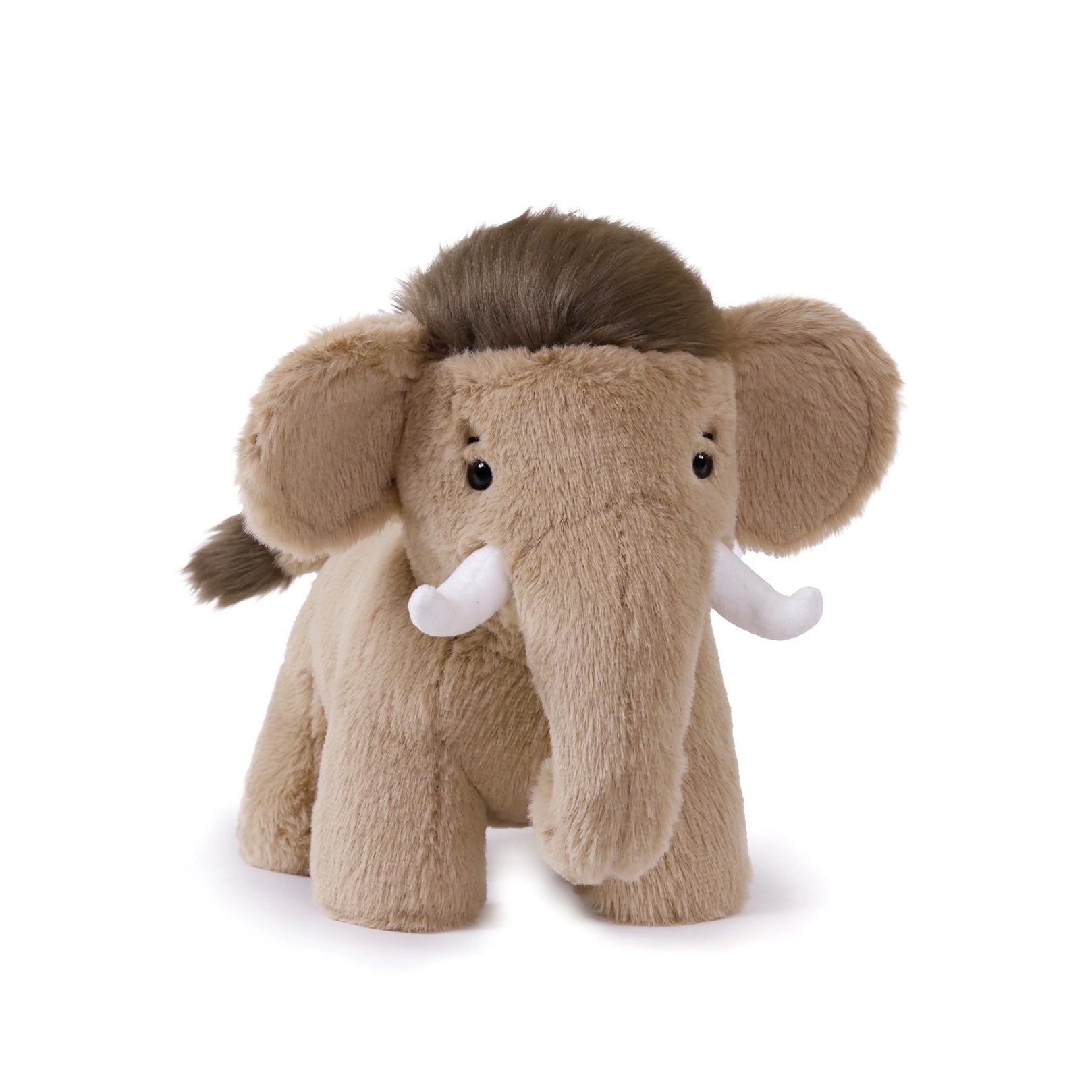 Plush toy elephant with brown fur on a white background