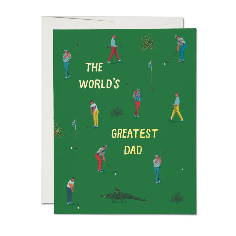 A green Father's Day card with illustrations of multiple golfers and the text 'THE WORLD'S GREATEST DAD'.