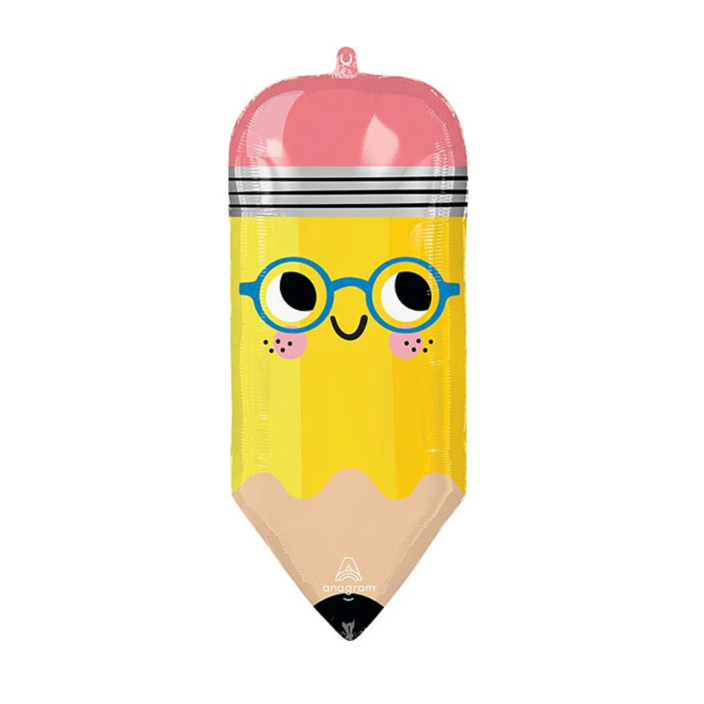 Pencil-shaped balloon with a smiley face on a white background