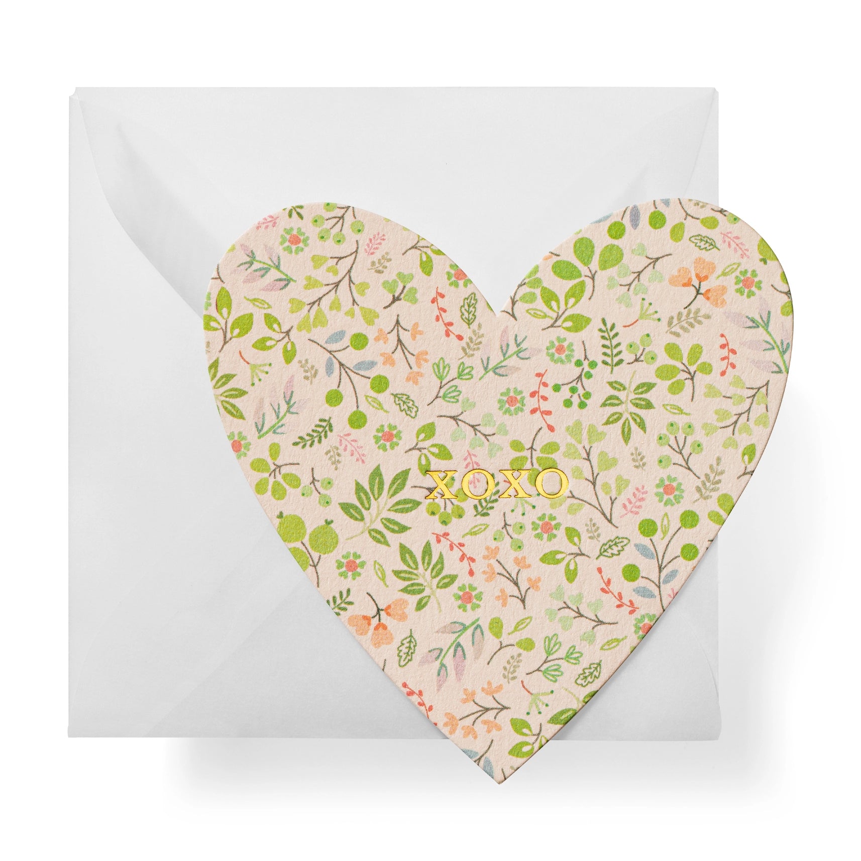 mini die-cut heart card in floral pattern with envelope, text "xoxo"