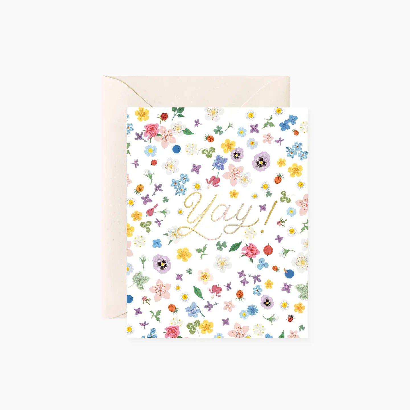 A floral greeting card with the word 'Yay!' in gold script, shown with a matching cream envelope on a light gray background.