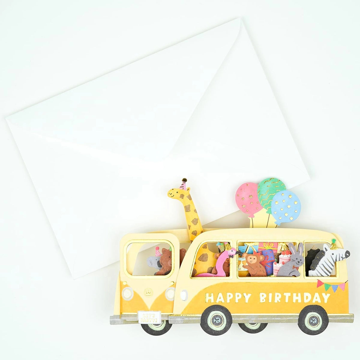 pop up 3d card featuring yellow bus with animals inside, "happy birthday" text on the side, and matching white envelope
