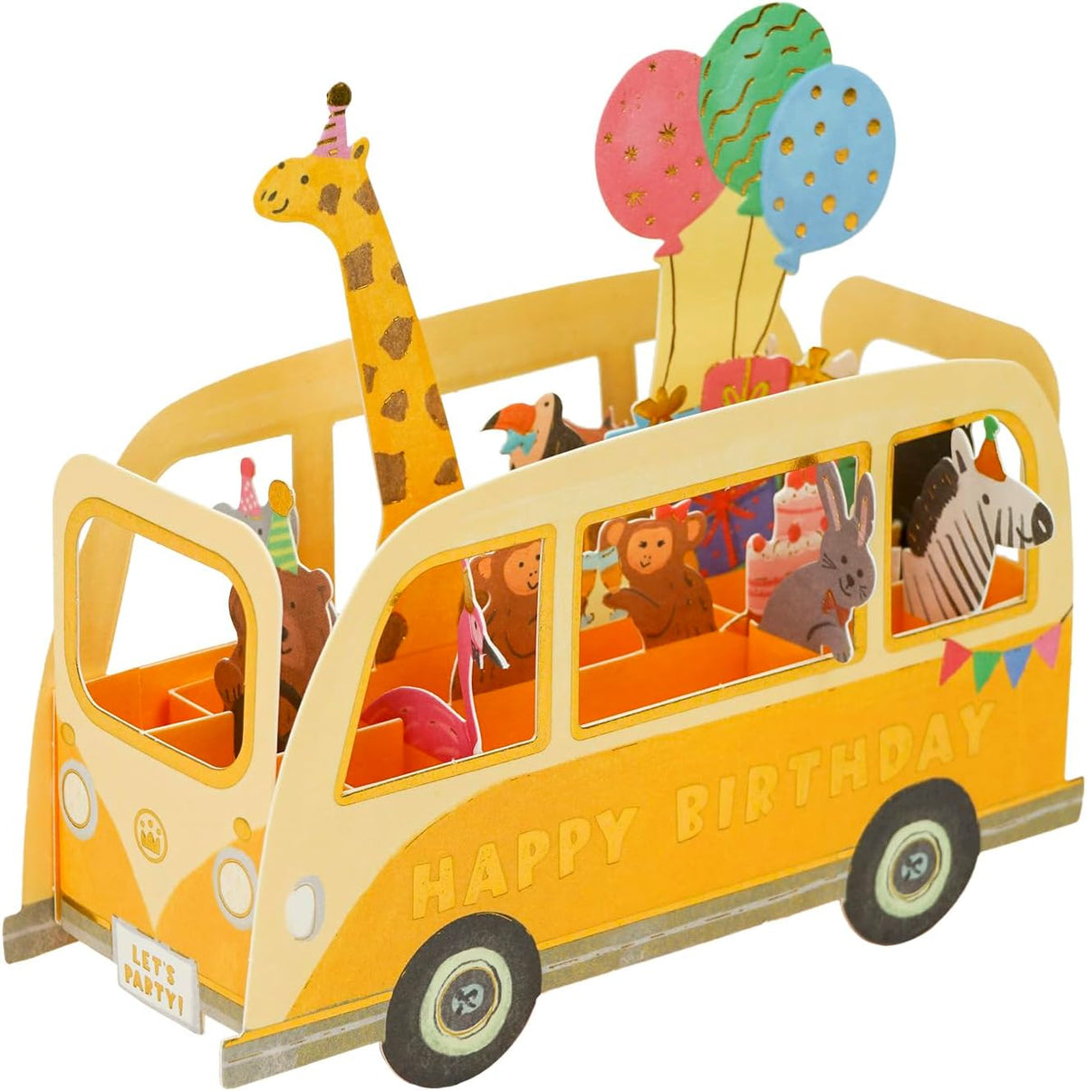 pop up 3d card featuring yellow bus with animals inside, "happy birthday" text on the side