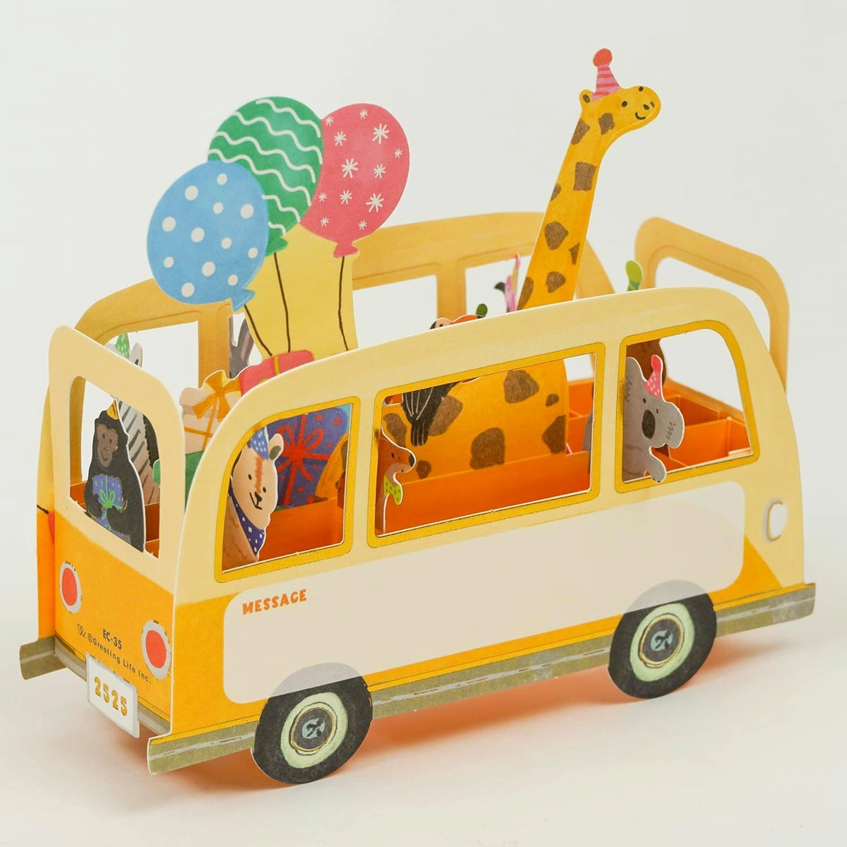 pop up 3d card featuring yellow bus with animals inside, with an area to write a message