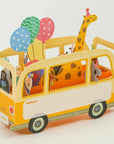 pop up 3d card featuring yellow bus with animals inside, with an area to write a message
