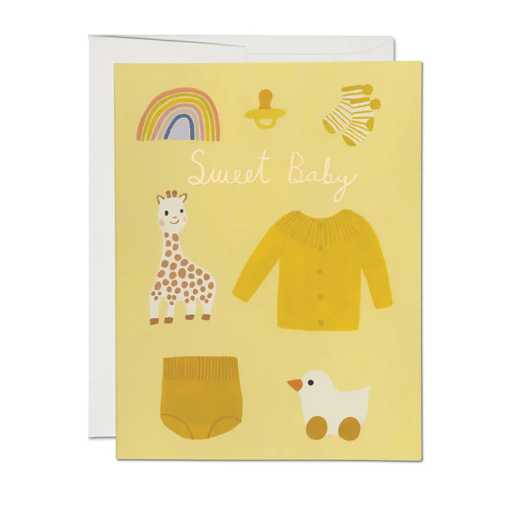 A yellow baby card with themed baby things like an outfit, toy duck and giraffe. Text reads "Sweet Baby"