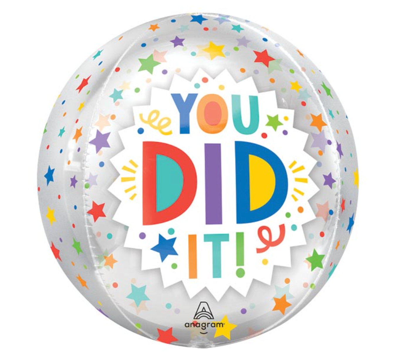 Translucent balloon with colorful text 'YOU DID IT!' and star patterns on a white background