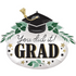 A round balloon with a graduation cap and the text 'YOU DID IT GRAD!' in bold letters, surrounded by green leaves and stars.
