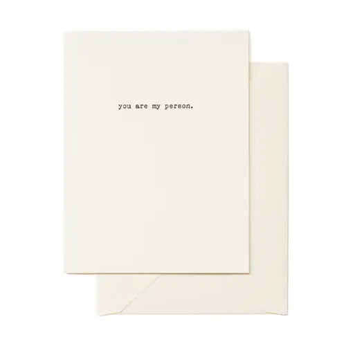 A greeting card with the text 'you are my person.' on it, accompanied by a matching envelope.