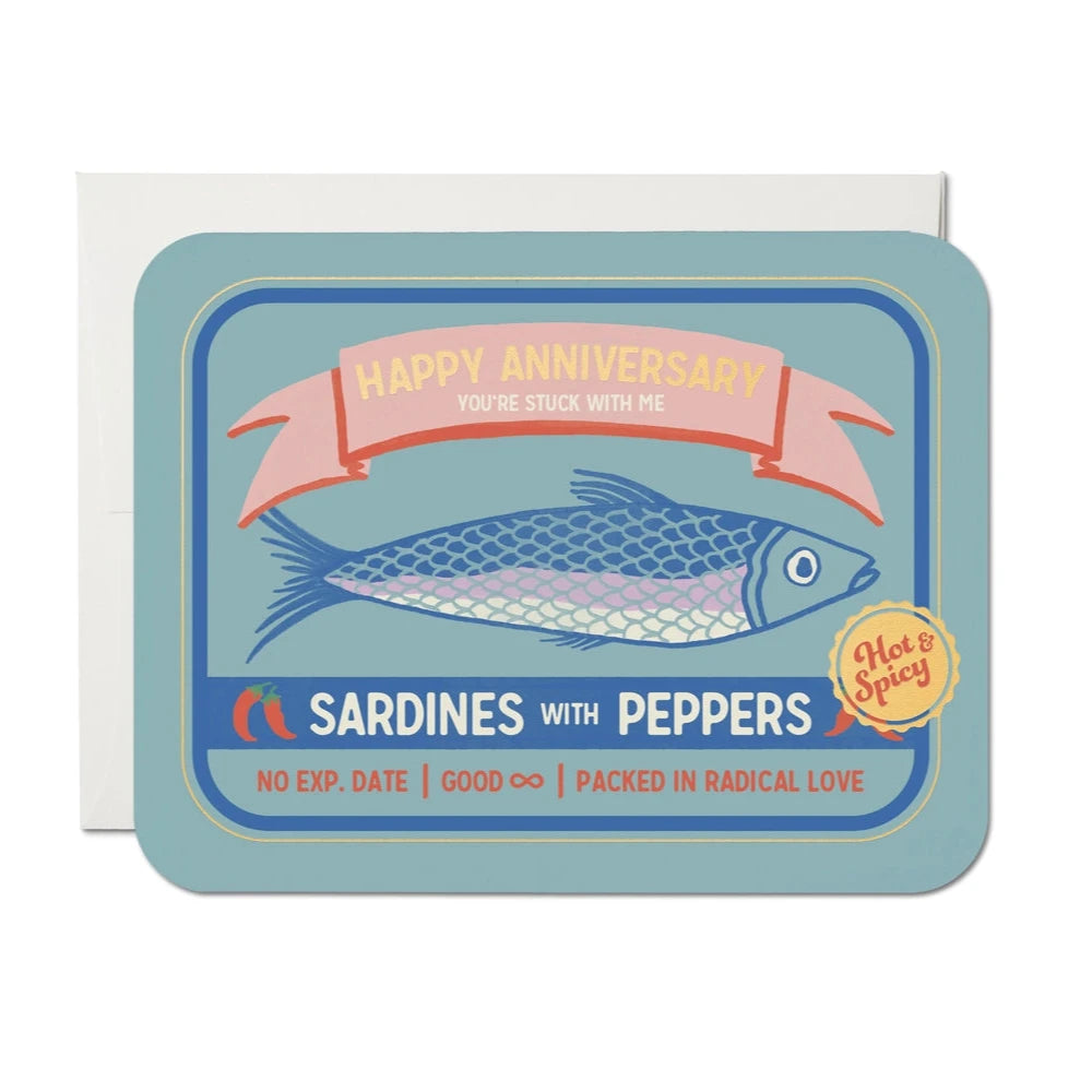 Greeting card for anniversary as a box of sardines.