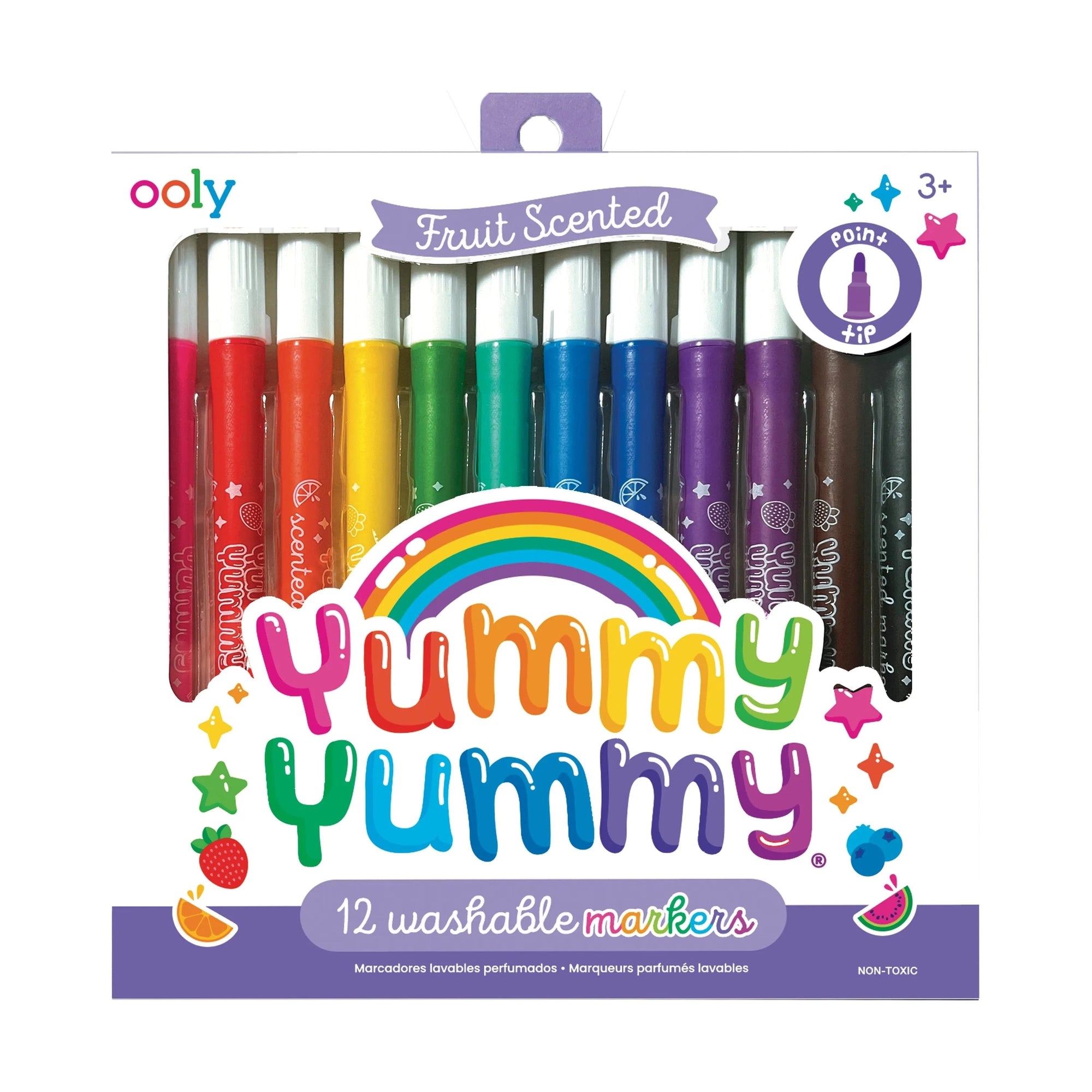 Set of colorful pencils with a rainbow design and 'Yummy Yummy' text on packaging.