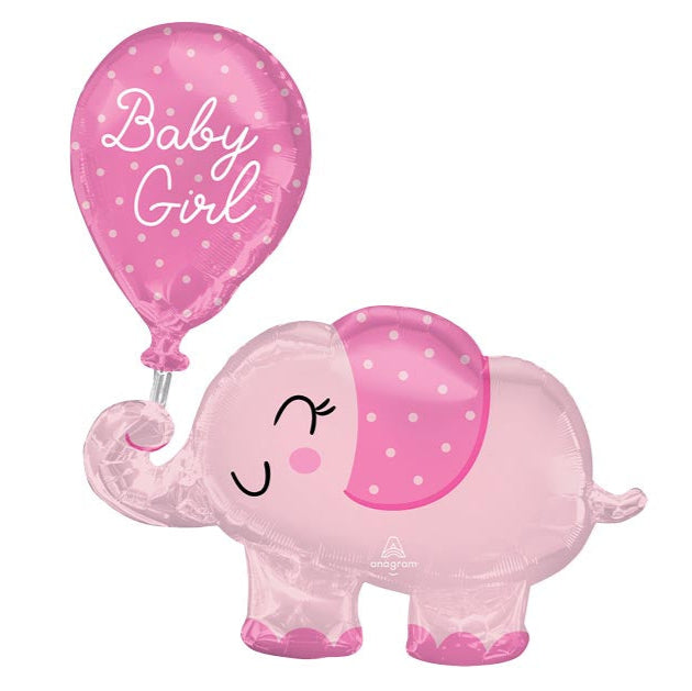 Pink elephant balloon with a 'Baby Girl' balloon on a white background