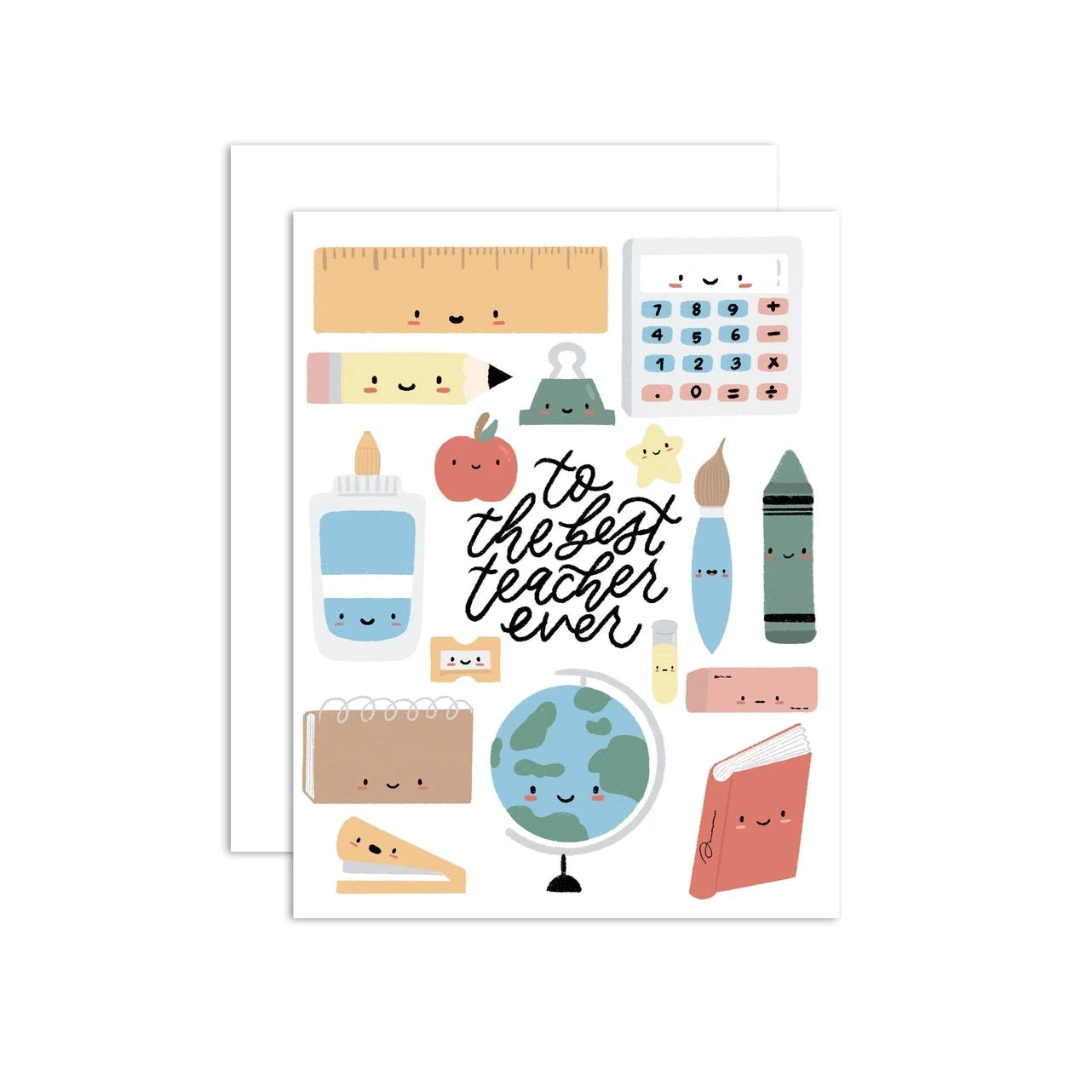 A greeting card with an illustration that includes a ruler, pencils, a calculator, and other teacher-related items with the text 'To the best Teacher ever'.