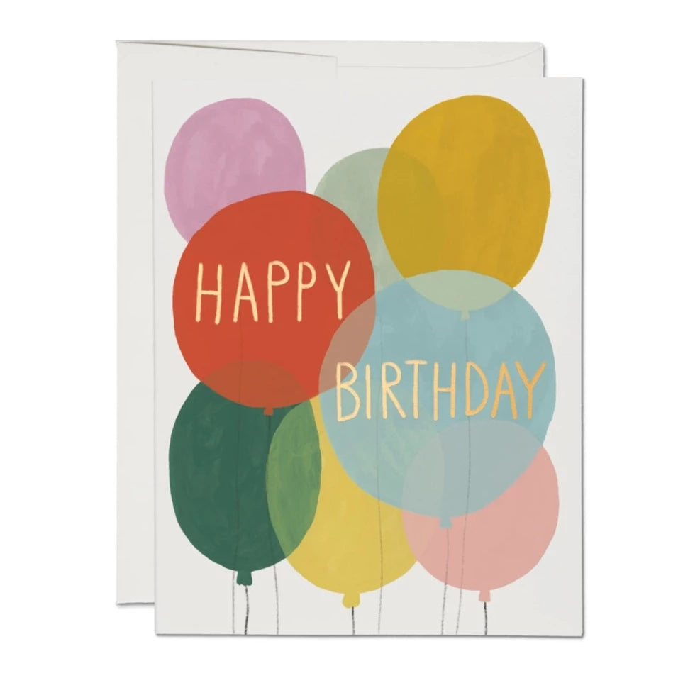 A greeting card with a colorful balloon design and the words 'Happy Birthday' printed on it.