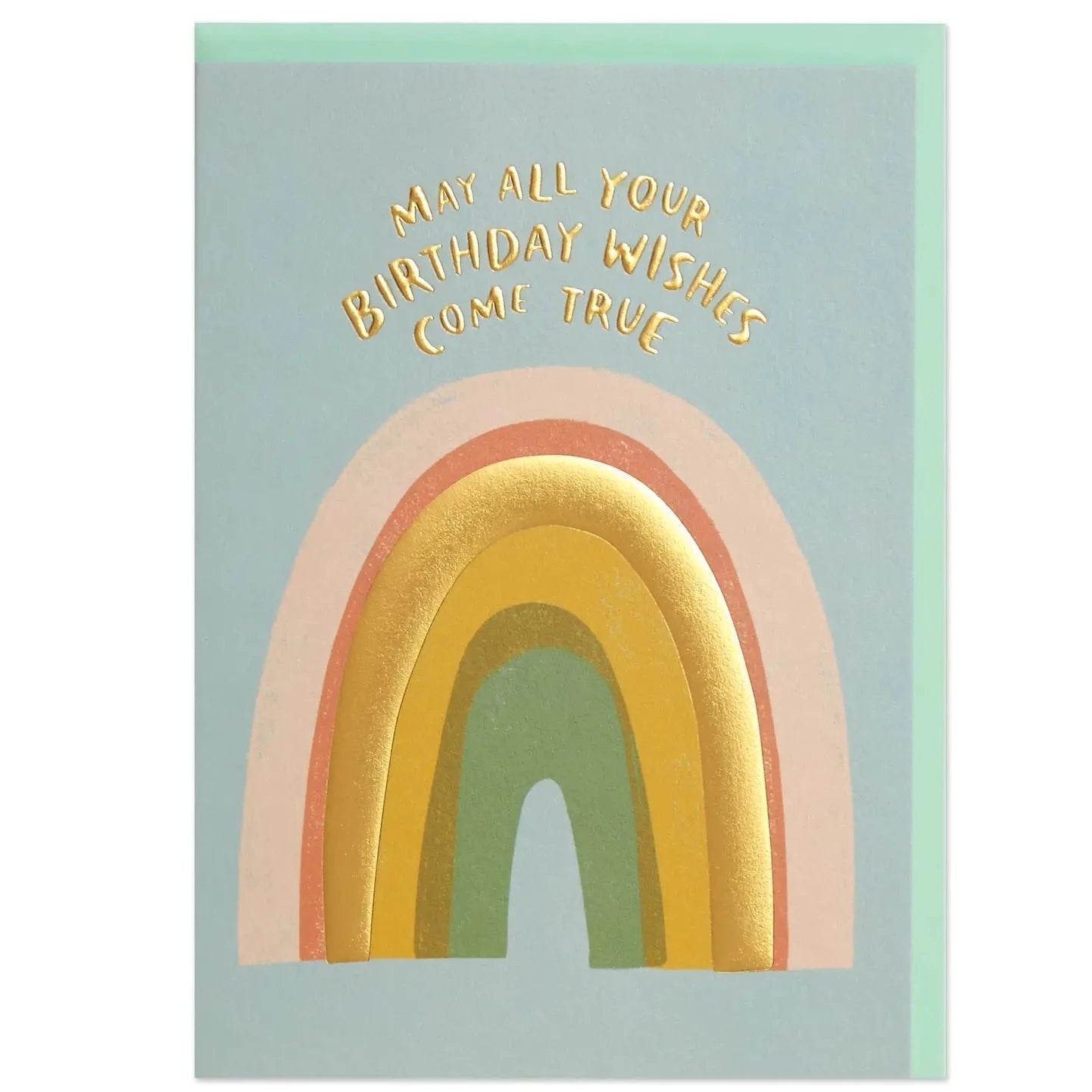 A greeting card with a rainbow-colored background and gold foil finish, featuring the text 'May all your birthday wishes come true'.