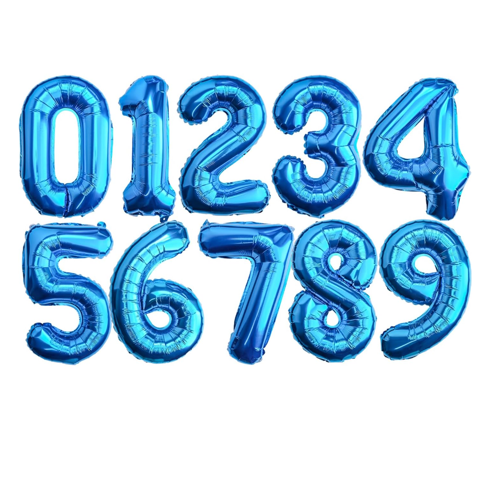 A set of blue number balloons from 0 to 9 arranged in a vertical column.