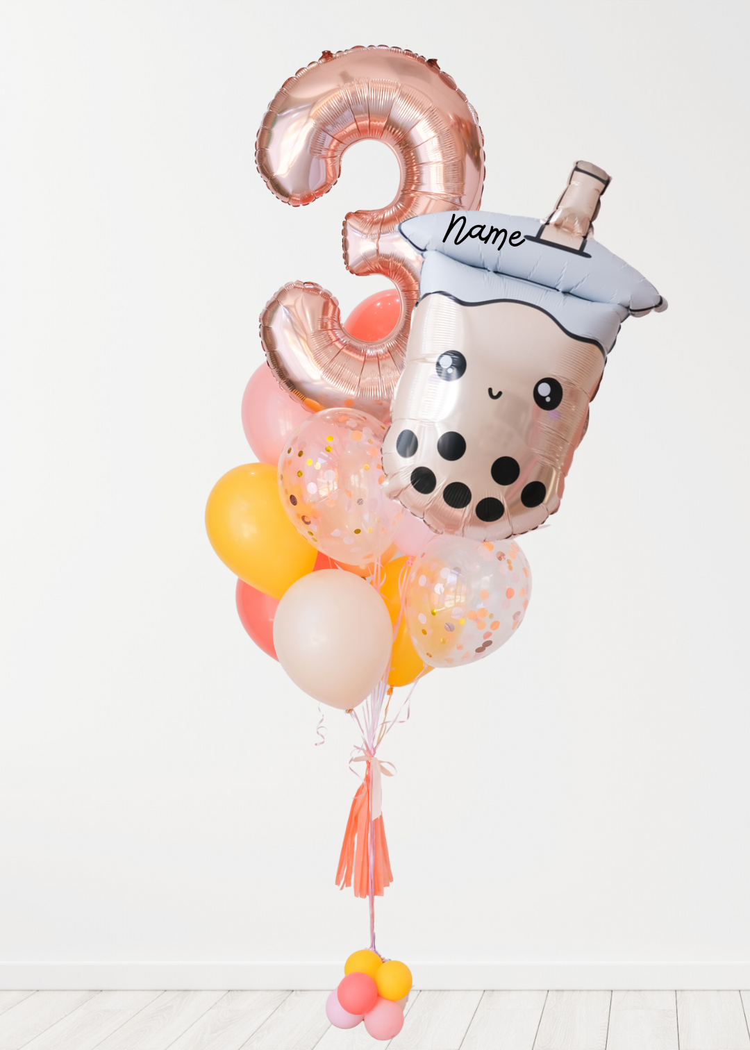 Boba tea-themed balloon bouquet with a number 2 and a pink heart-shaped balloon on a white background.