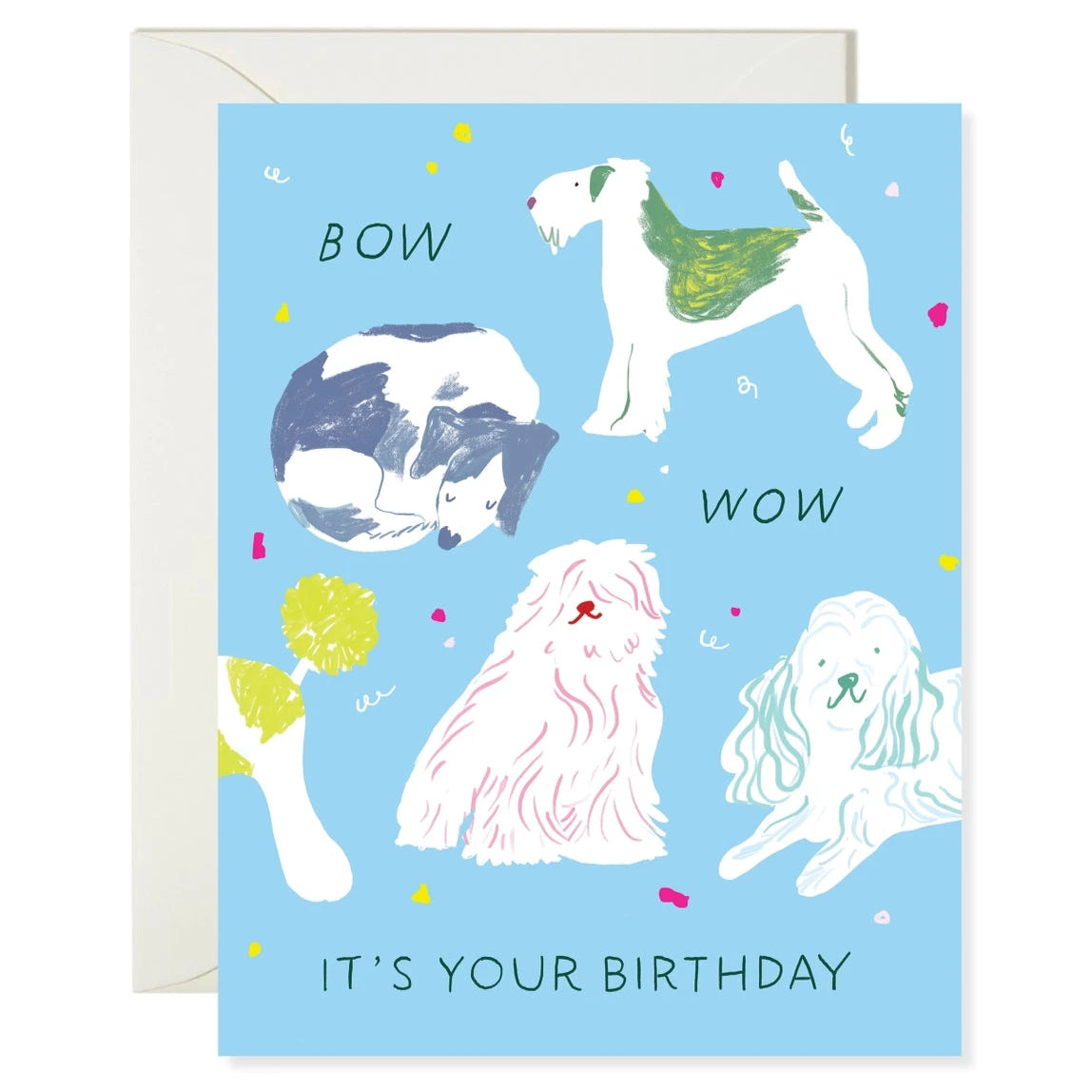 A colorful A2 folded-card birthday card with illustrations of various dogs and the text 'BOW WOW' on a light blue background, paired with an envelope.
