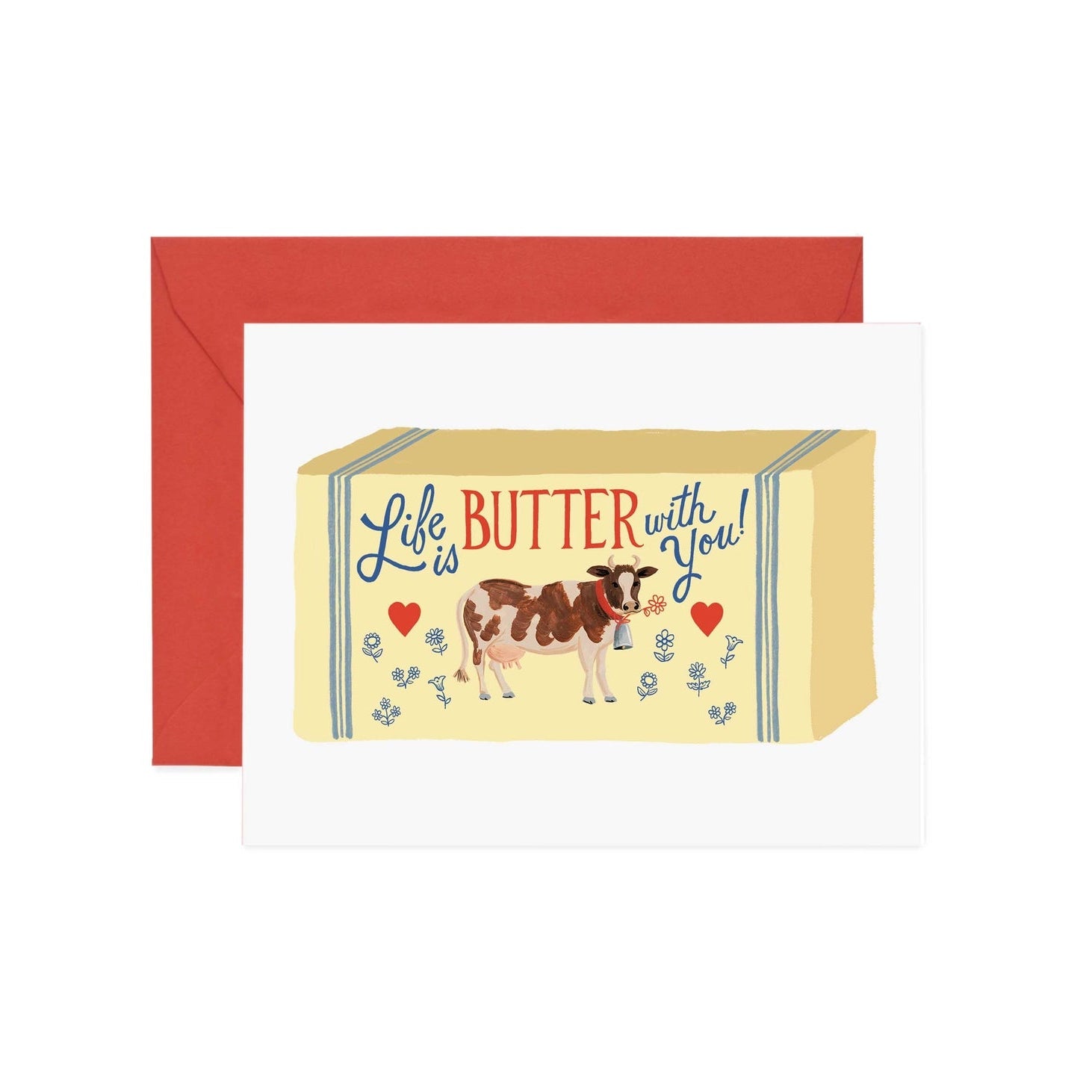 A block of butter and cow illustration with a greeting saying "Life is Butter with you!"