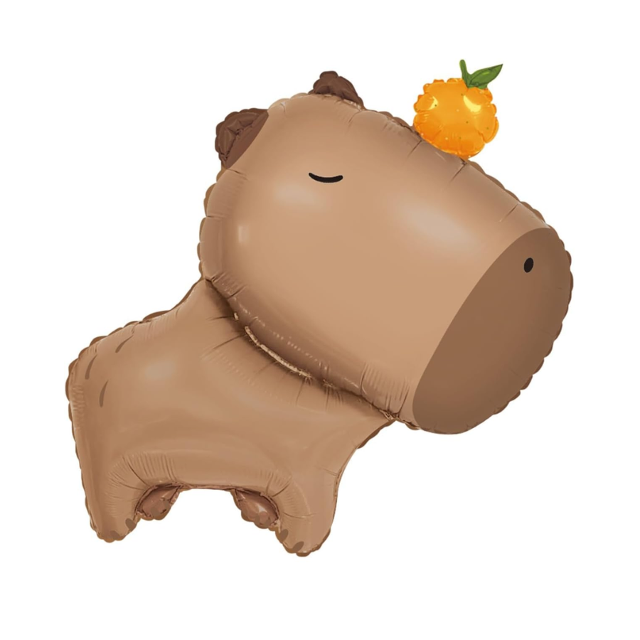 An image of a 24" x 37" mylar balloon in the shape of a capybara, brown in color, with a small orange fruit on its head.