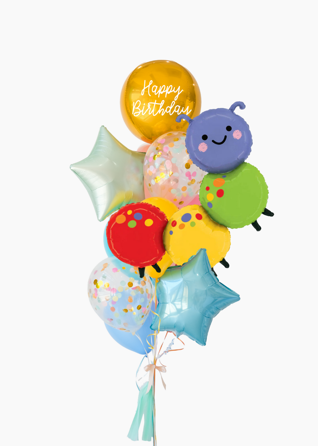 Colorful birthday balloon bouquet with various shapes, a rainbow caterpillar and a 'Happy Birthday' balloon on a white background.