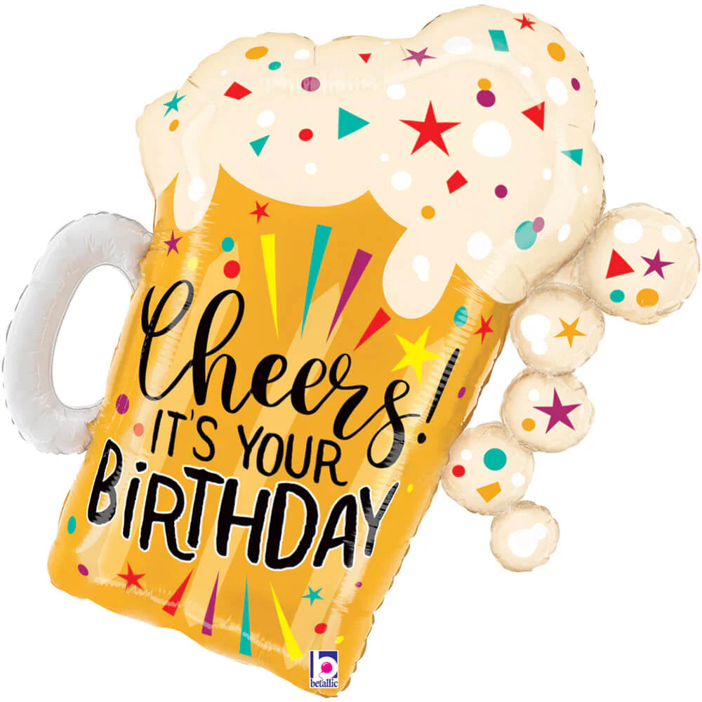 A balloon designed to look like a beer mug with 'Cheers! It's Your Birthday' text and colorful birthday-themed decorations.