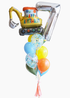 A balloon bouquet featuring a construction excavator shaped balloon with 'Happy Birthday' text, tied with other colorful balloons and decorative tassels.