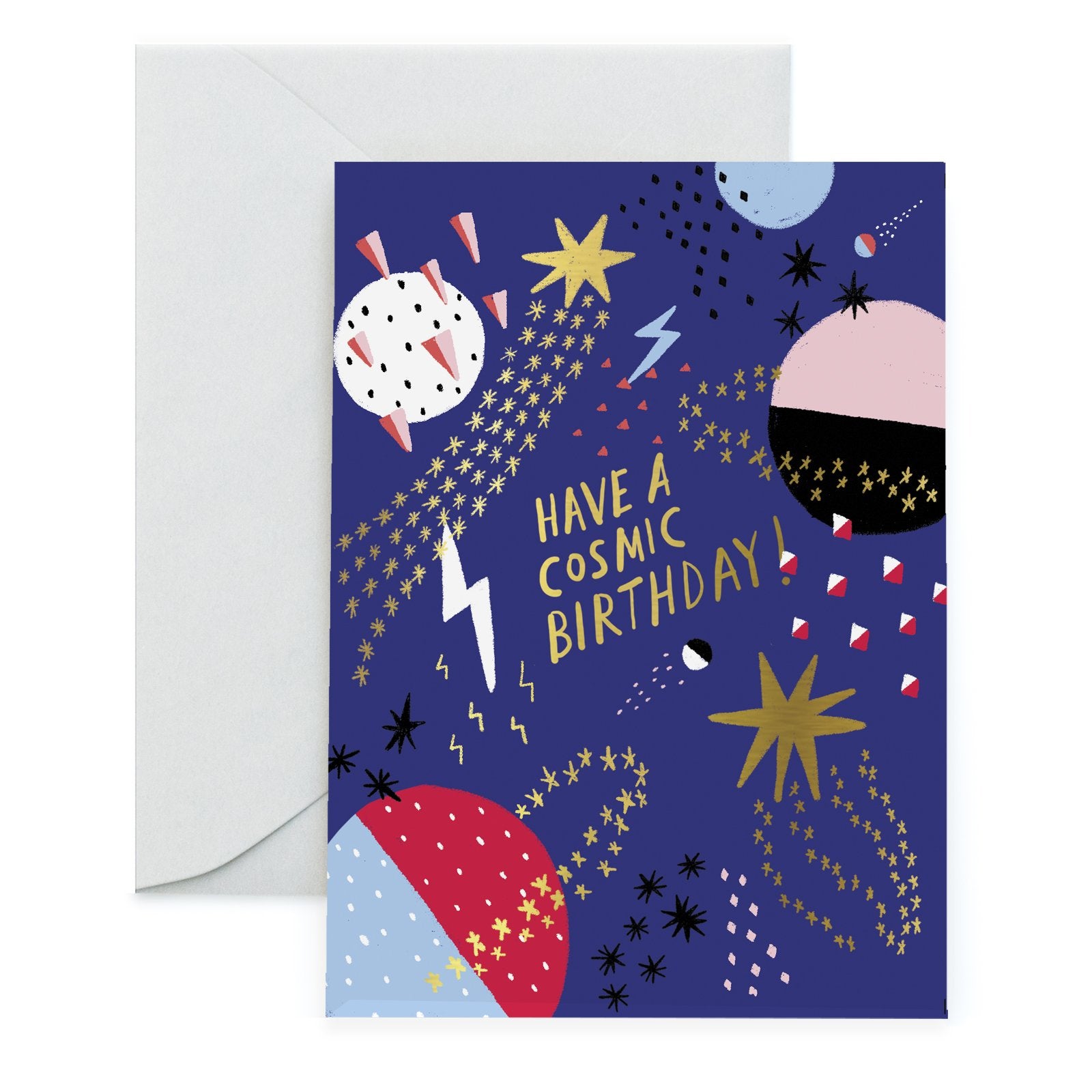 A birthday card with a blue background featuring star and planet patterns, and the text 'HAVE A COSMIC BIRTHDAY' along with metallic foil details.