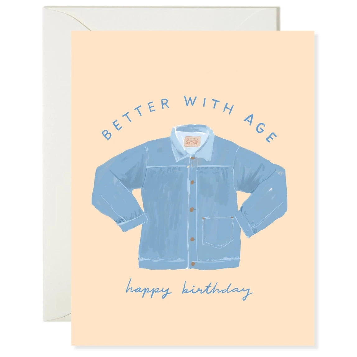 A2 folded-card with a blue denim jacket design and 'Better with age' text, paired with an envelope.